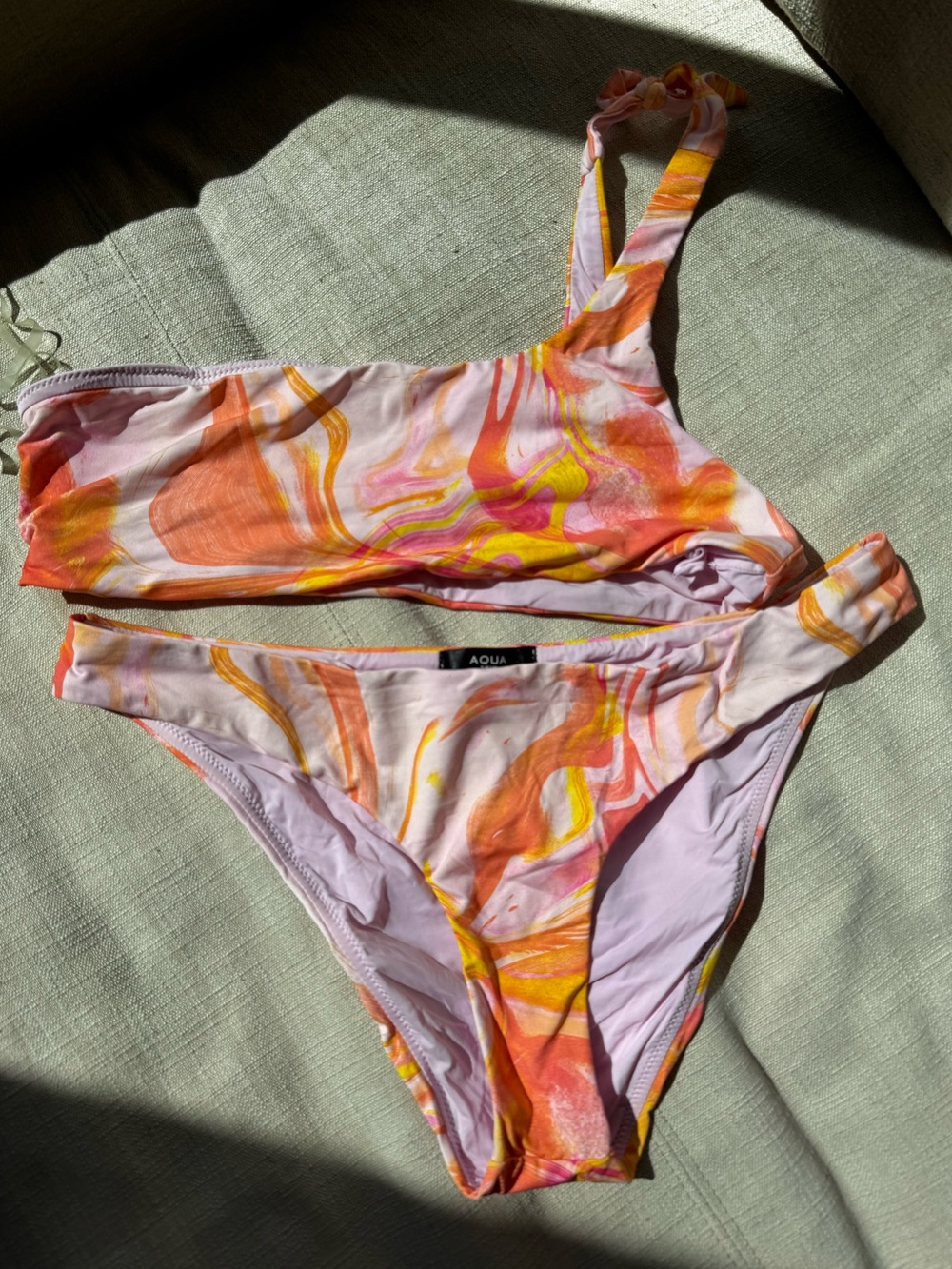 Aqua Pink, Orange & Yellow One-Shoulder Swirl Bikini